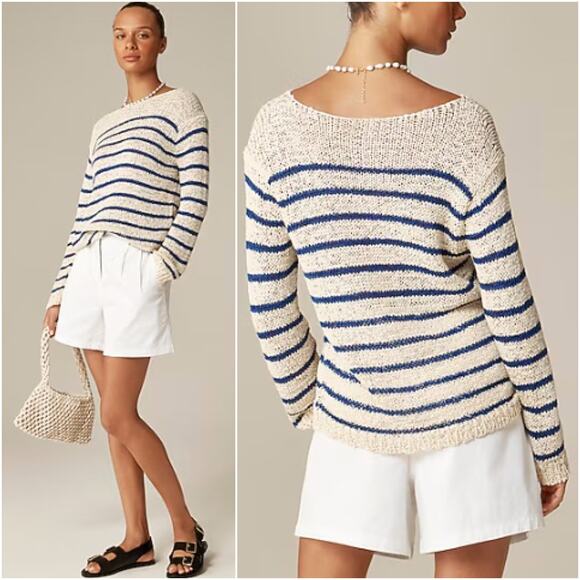J. CREW Montauk Open-Weave Boatneck Pullover Sweater Blue/Ivory Stripe Size XL - Picture 1 of 10